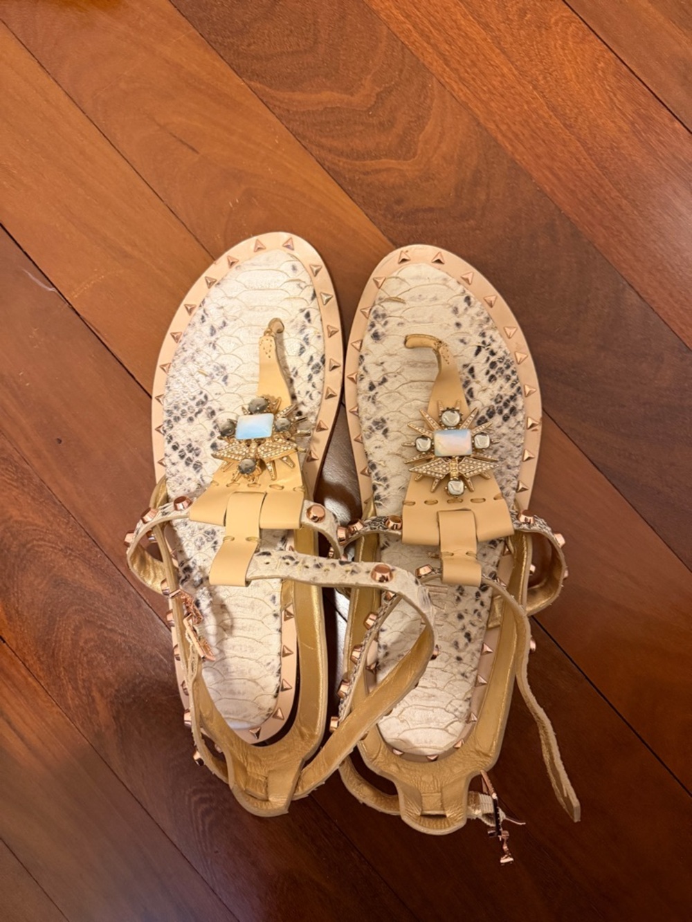 Ivy Kirzhner Tan Jeweled Snake-Print Thong Sandals - Picture 2 of 4